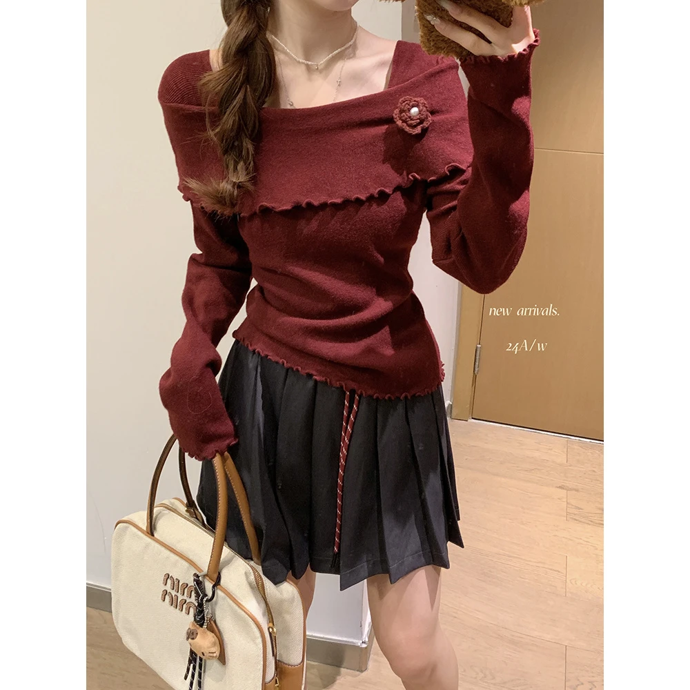 红色花朵一字肩针织衫长袖女2025秋冬新修身木耳边内搭打底衫上衣