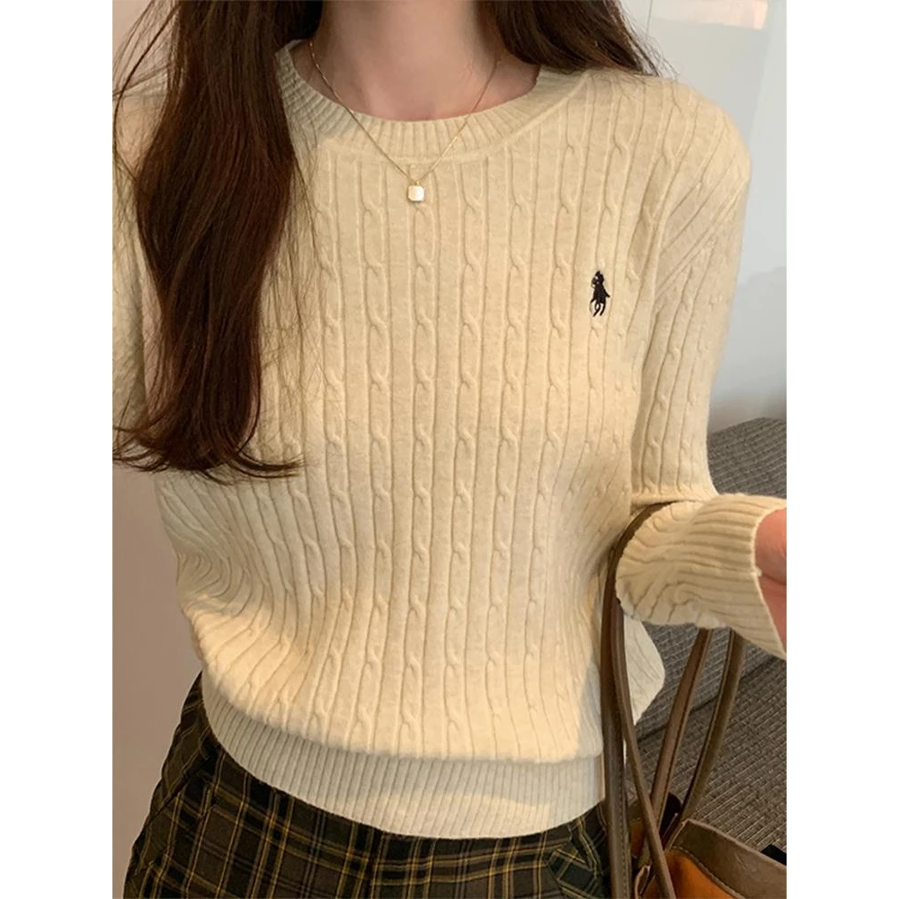 麻花套头圆领针织衫毛衣秋冬季女内搭长袖打底衫显瘦刺绣别致上衣