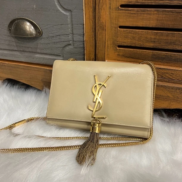 95新 YSL/圣罗兰 圣罗兰奶茶色流苏单肩斜挎包/95新