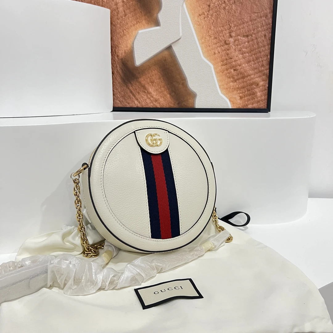 99新 GUCCI/古驰 古驰红蓝配带小圆饼链条包/99新
