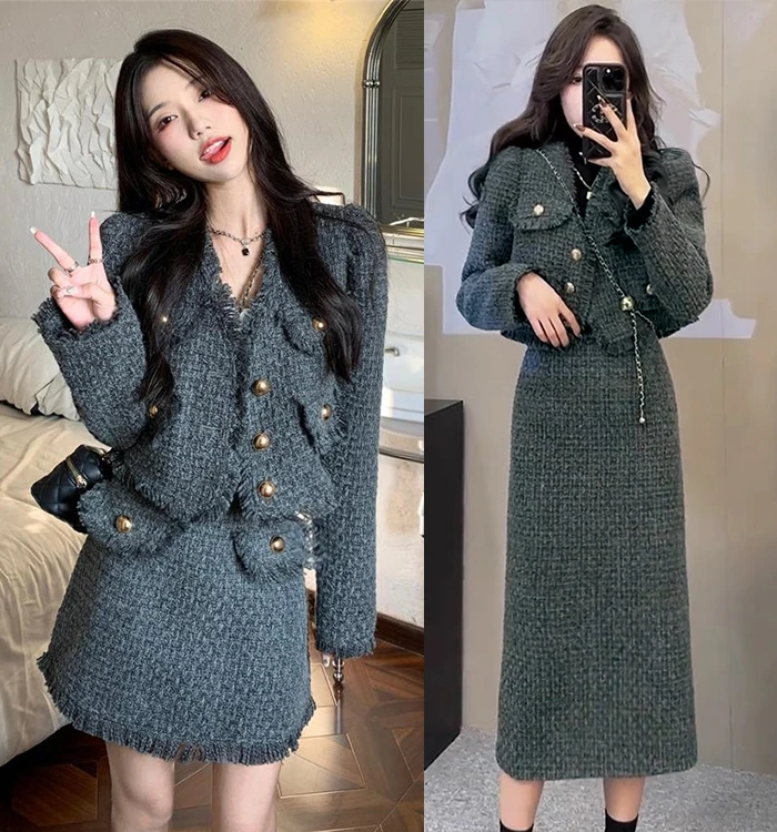 【艾薇】大码2024秋季法式小香风粗花呢流苏外套+高腰半身裙两件套