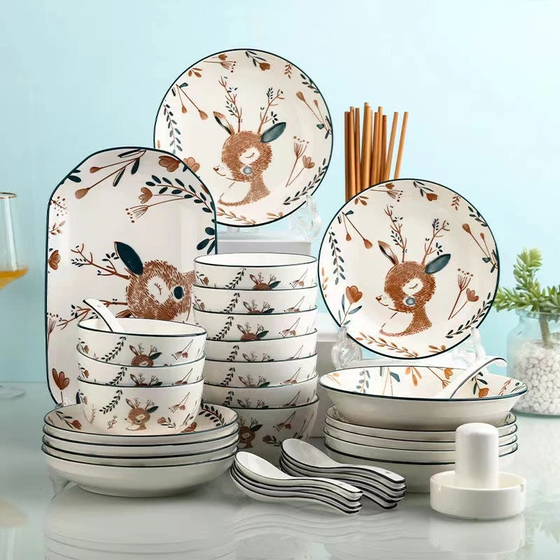 创意家用碗盘套装  2-10人盘子饭碗组合餐具可爱卡通面碗汤碗鱼盘