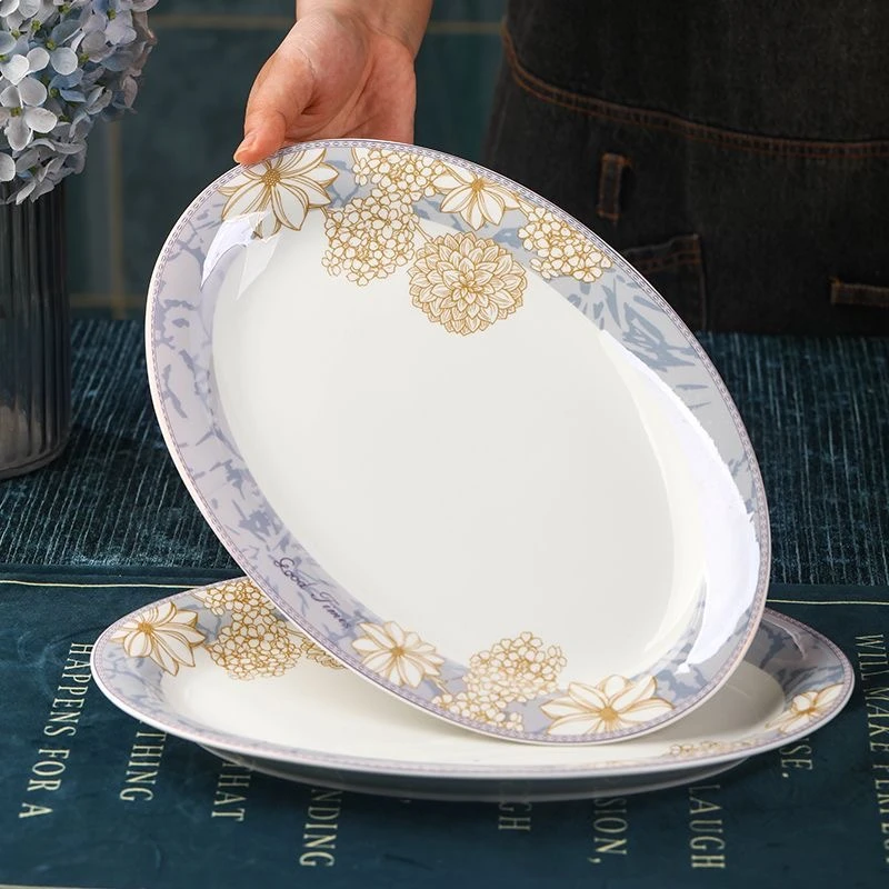 时光漫步陶瓷轻奢椭圆鱼盘 家用精致烤鱼盘子蒸鱼菜盘高档餐具