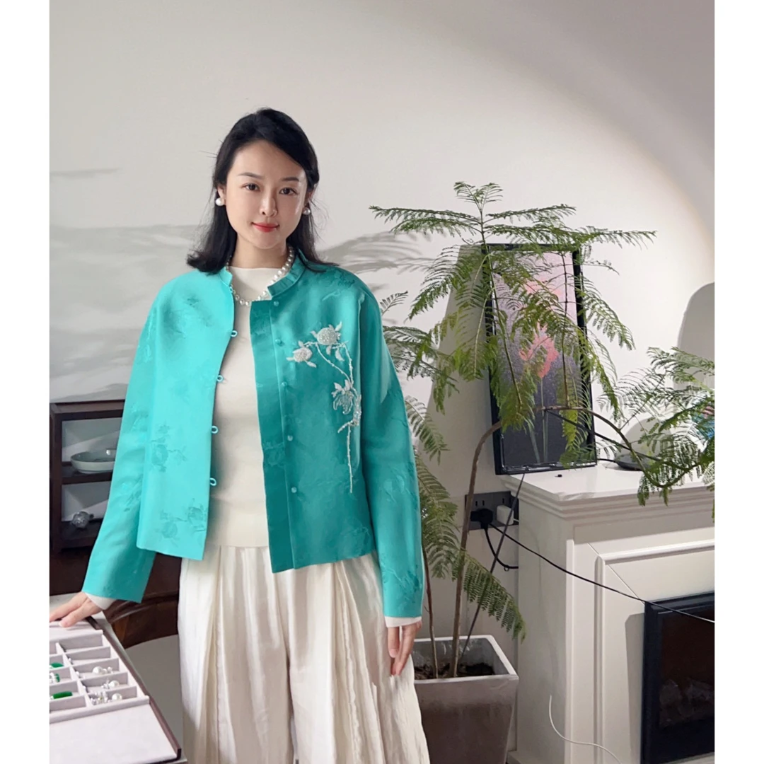 【高级定制】翠裳· 花锦缎｜法绣·吉祥三宝新中式外套