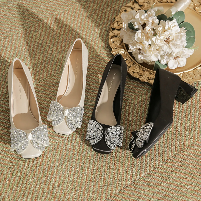 【高高甄选】法式小众百搭水钻绸缎蝴蝶结高跟鞋典彩H988-7