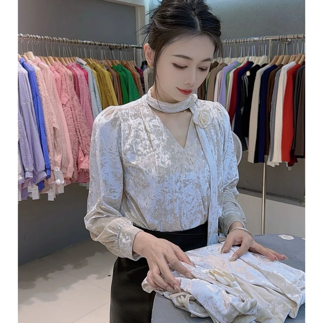 【送小花】法式复古小衫秋2024新款小众打底衫长袖上衣8568#0.1 qq