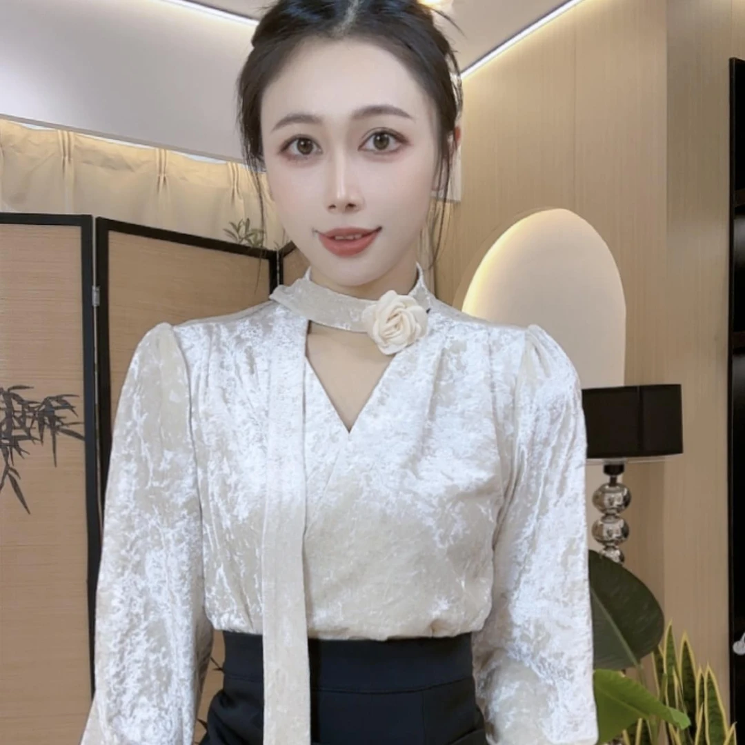 【送小花】法式复古小衫秋2024新款气质小众打底衫长袖上衣8568#0.1