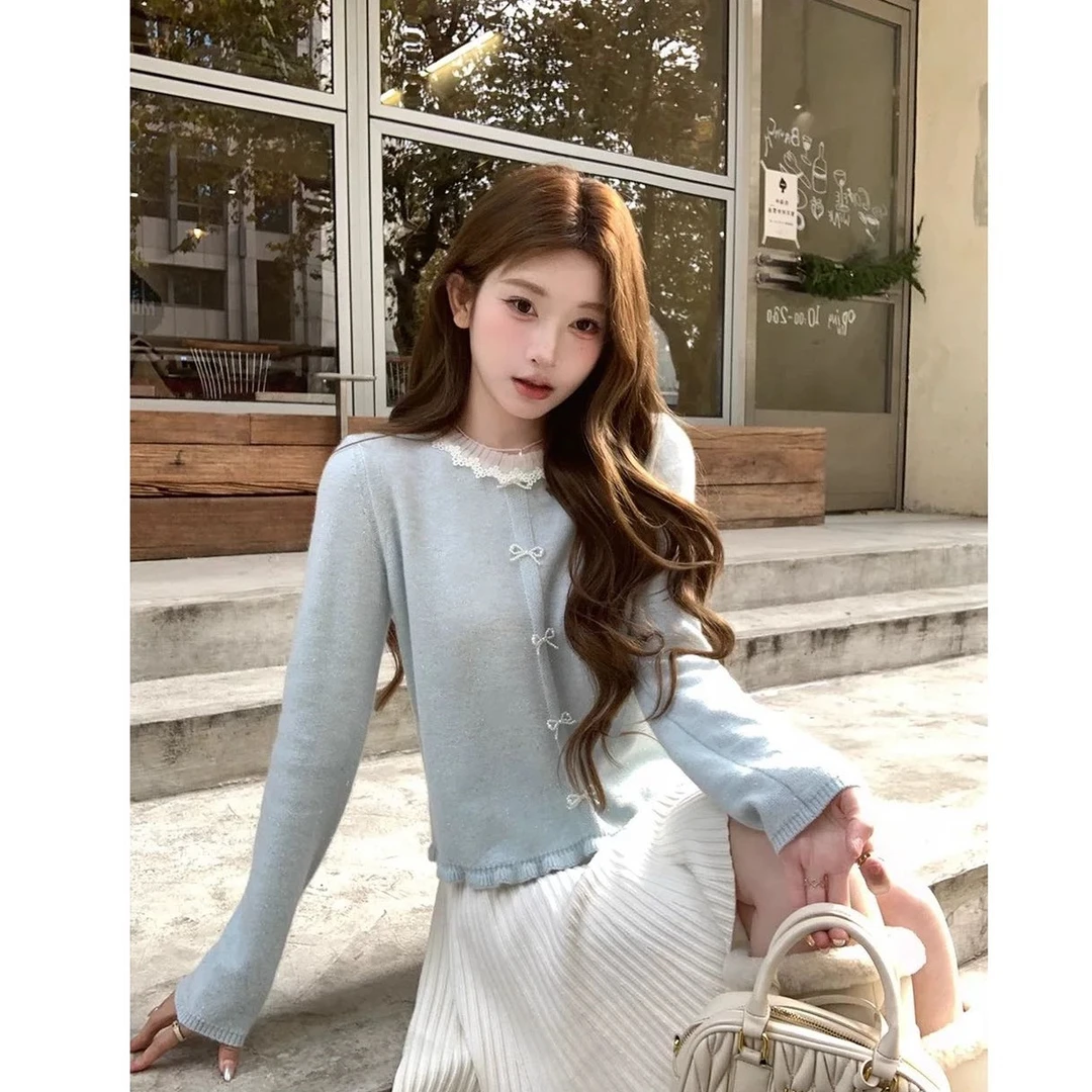 韩系2024秋冬女装新款气质甜美蝴蝶结装饰网纱拼接针织衫1990#0.1