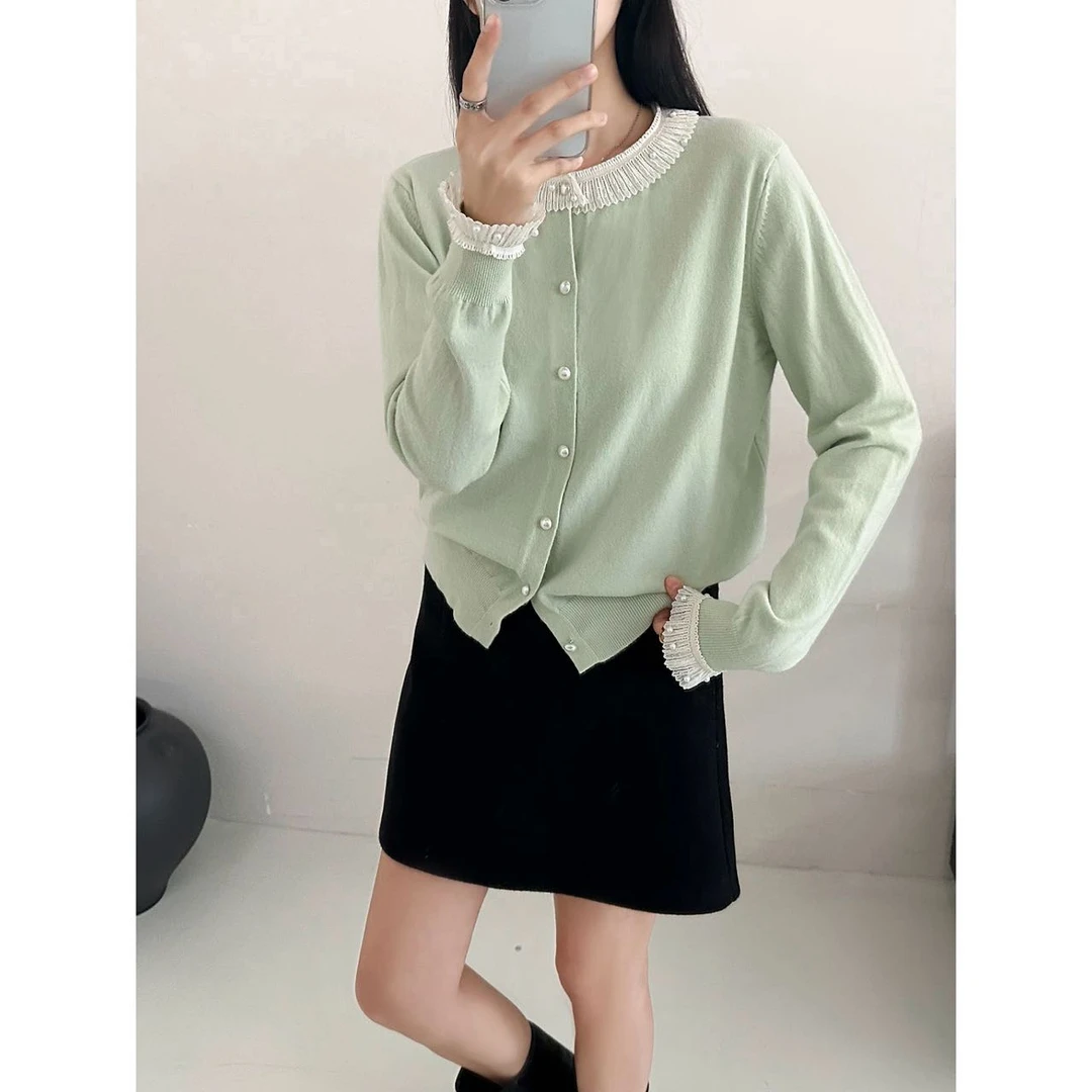 秋冬甜美减龄圆领蕾丝钉珠拼接撞色设计感长袖针织上衣女9606#0.1