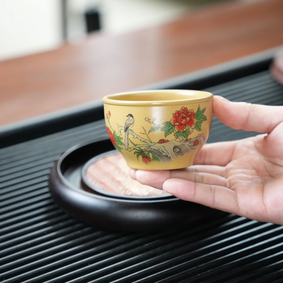 宜兴原矿黄金段泥手工刻绘手绘喜上眉梢紫砂主人杯TM