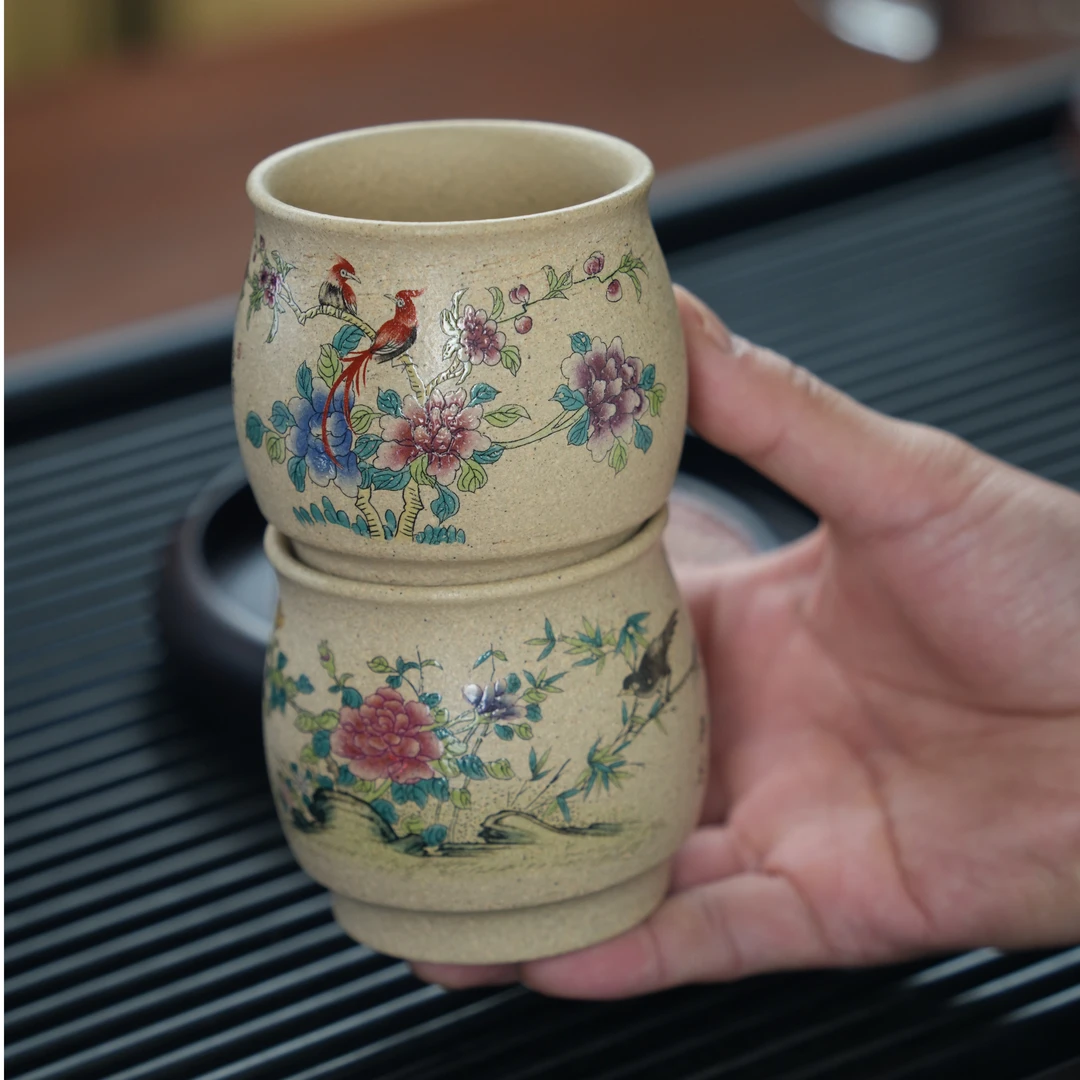 宜兴原矿本绿手工刻绘点彩喜上眉梢紫砂对杯 XG 797