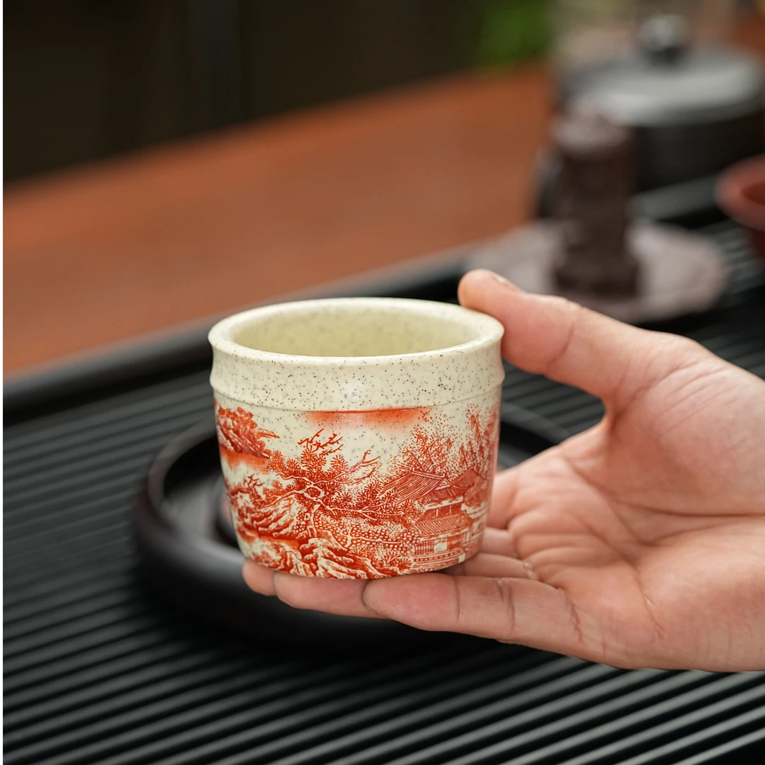 宜兴原矿羊脂白玉段手工描绘红色千里江山紫砂主人杯ZYL 1115 E