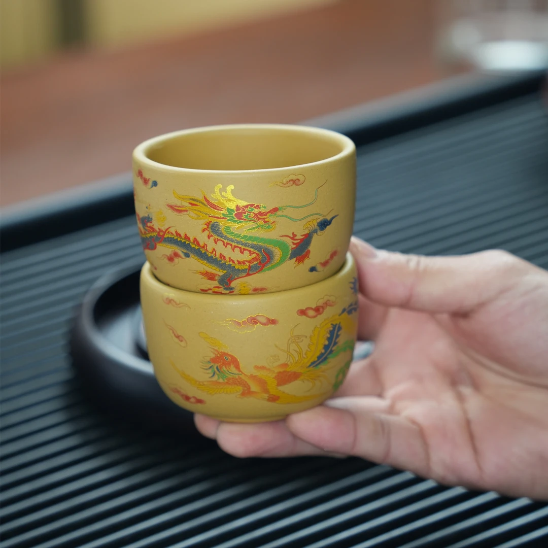 宜兴原矿段泥手工刻绘描金龙凤紫砂对杯 777
