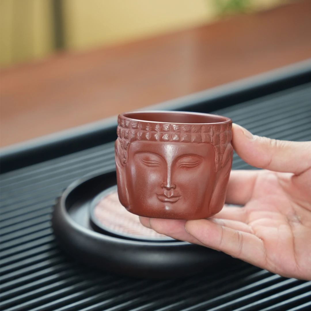 宜兴原矿鸡血大红袍手工刻绘无相紫砂主人杯 9904