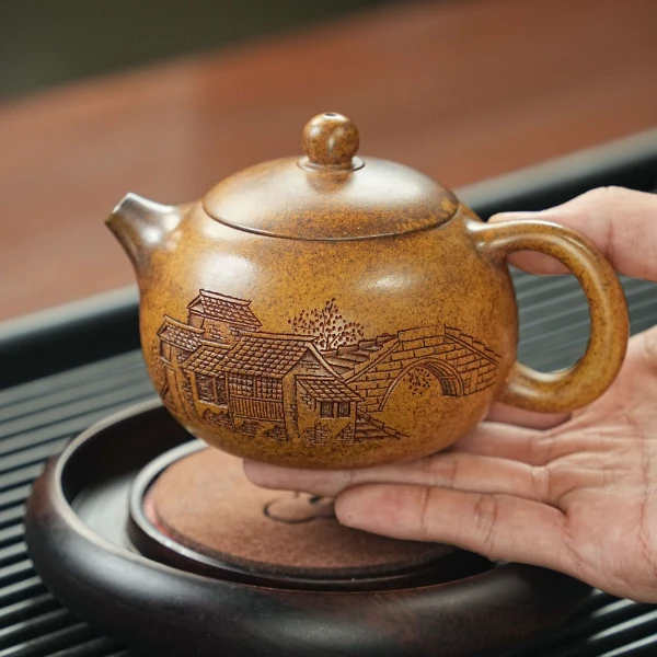 宜兴原矿龙骨金砂柴烧手工刻绘上善若水紫砂壶