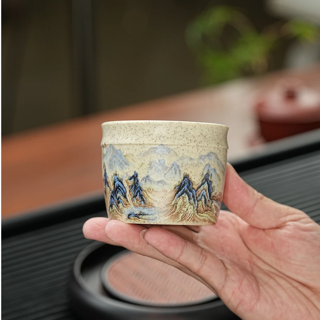 宜兴原矿羊脂白玉段手工刻绘描绘千里江山紫砂主人杯ZYL 1012