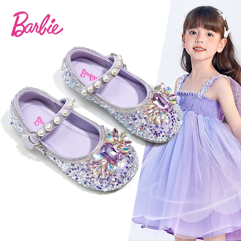 芭比童鞋女童表演鞋春秋皮鞋软底小高跟水晶鞋大童韩版潮款公主鞋