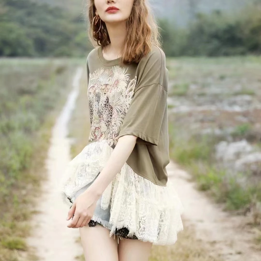 AttinaLife24夏季短袖印花复古宽松圆领女士蕾丝拼接小众百搭T恤