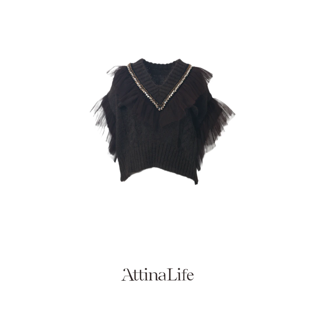 AttinaLife24咖啡色荷叶边拼接毛织钉珠女士上衣v领半袖百搭显瘦