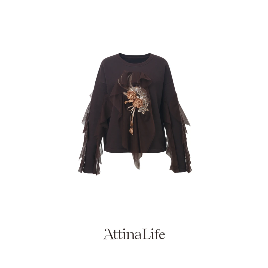 AttinaLife24秋冬深咖色网纱荷叶边重工钉珠圆领百搭显瘦女士卫衣