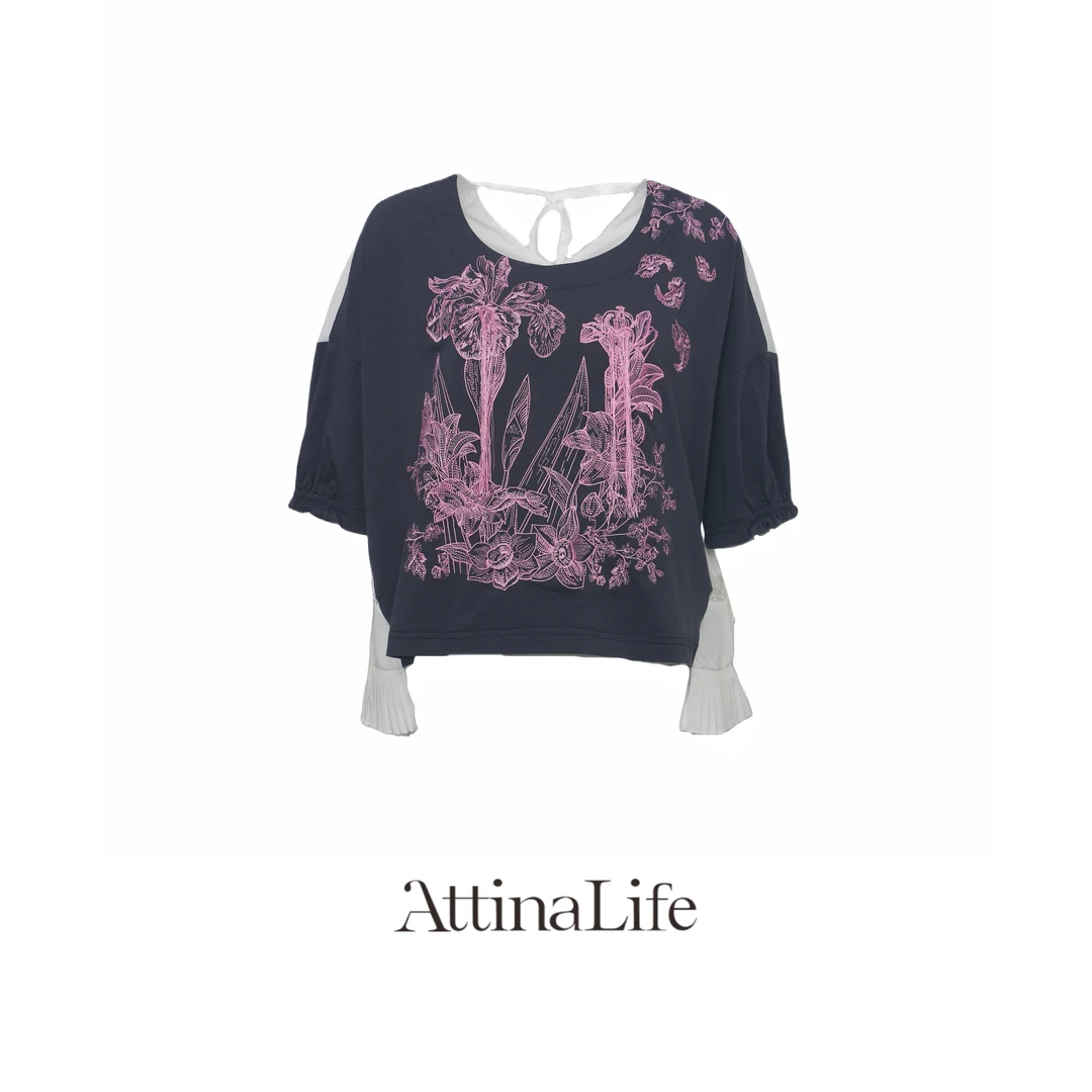 原创设计师夏绣花流苏女士拼接短袖百搭时尚设计感圆领潮流T恤