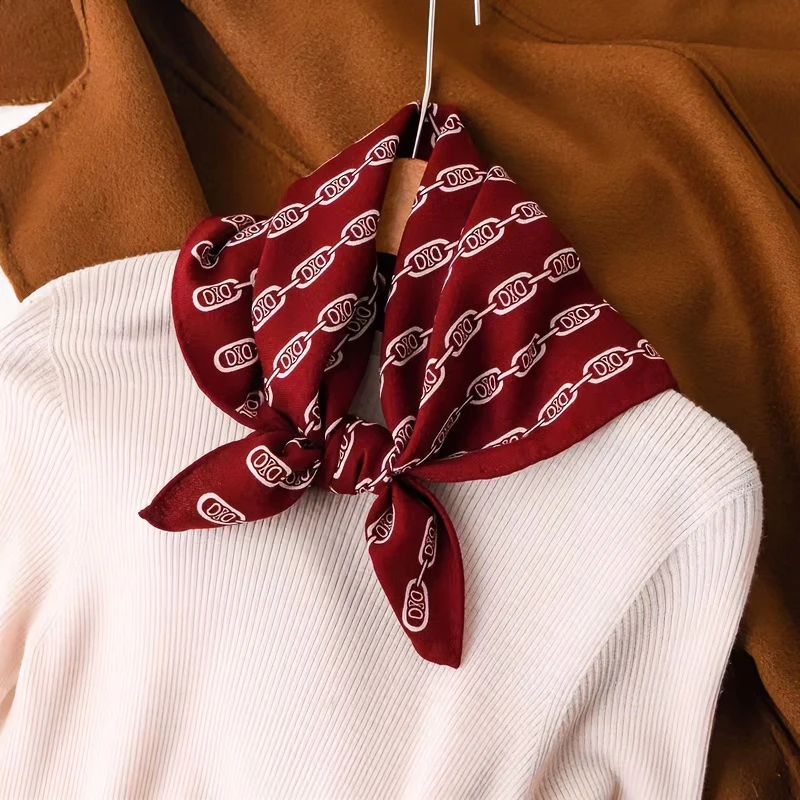A010逐梦鸟桑蚕丝丝巾女12姆米53cm酒红链条图案时尚百搭围巾直播