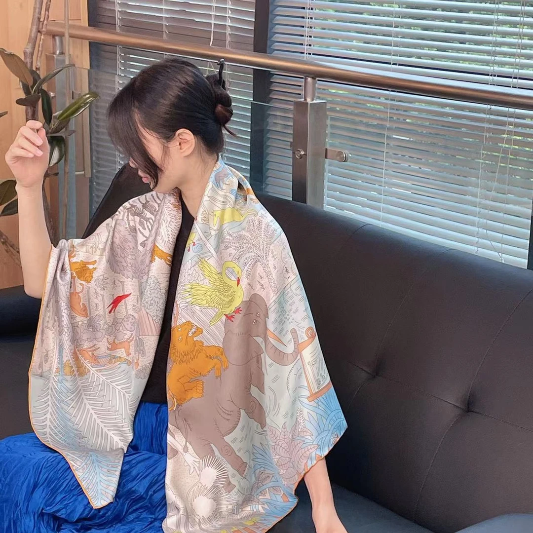 ML桑蚕丝丝巾大方巾16姆米135*135cm百搭围巾披肩手工卷边时尚
