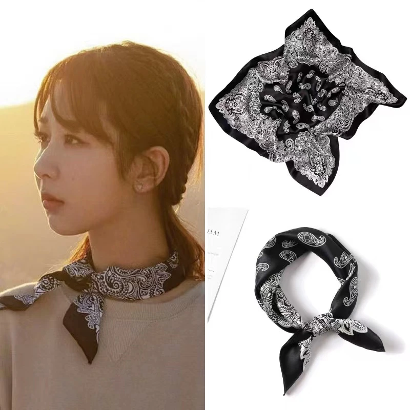 A011逐梦鸟桑蚕丝丝巾女网红53cm波斯黑白腰果图案时尚百搭高端