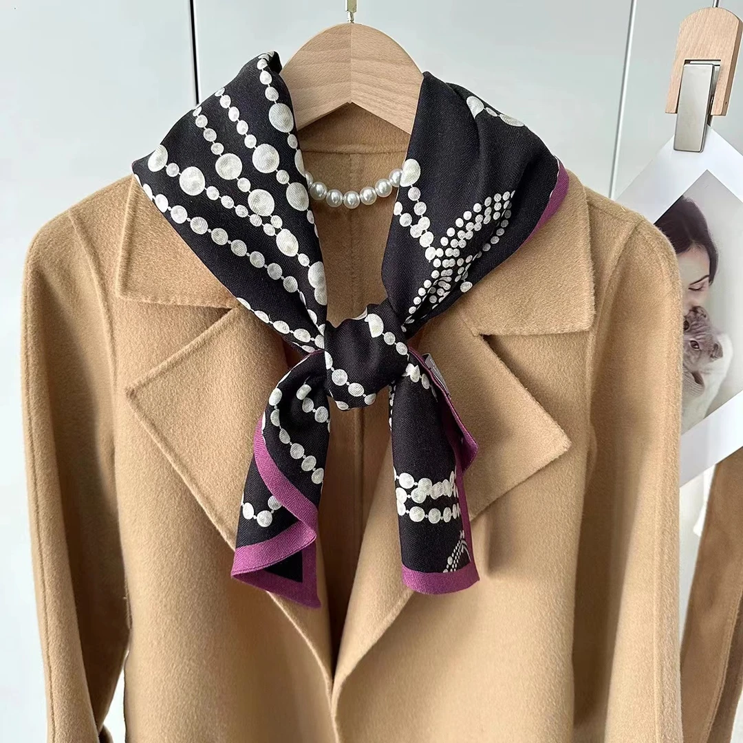 丝毛AB面玫红珍珠项链145*26围巾女双面双层真丝羊毛百搭护颈长巾