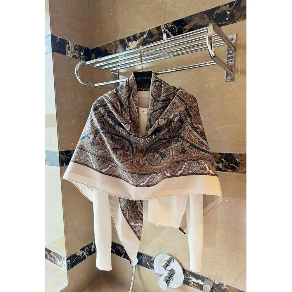 逐梦鸟薰衣草色万花筒佩斯利桑蚕丝羊毛优雅气质复古披肩130cm