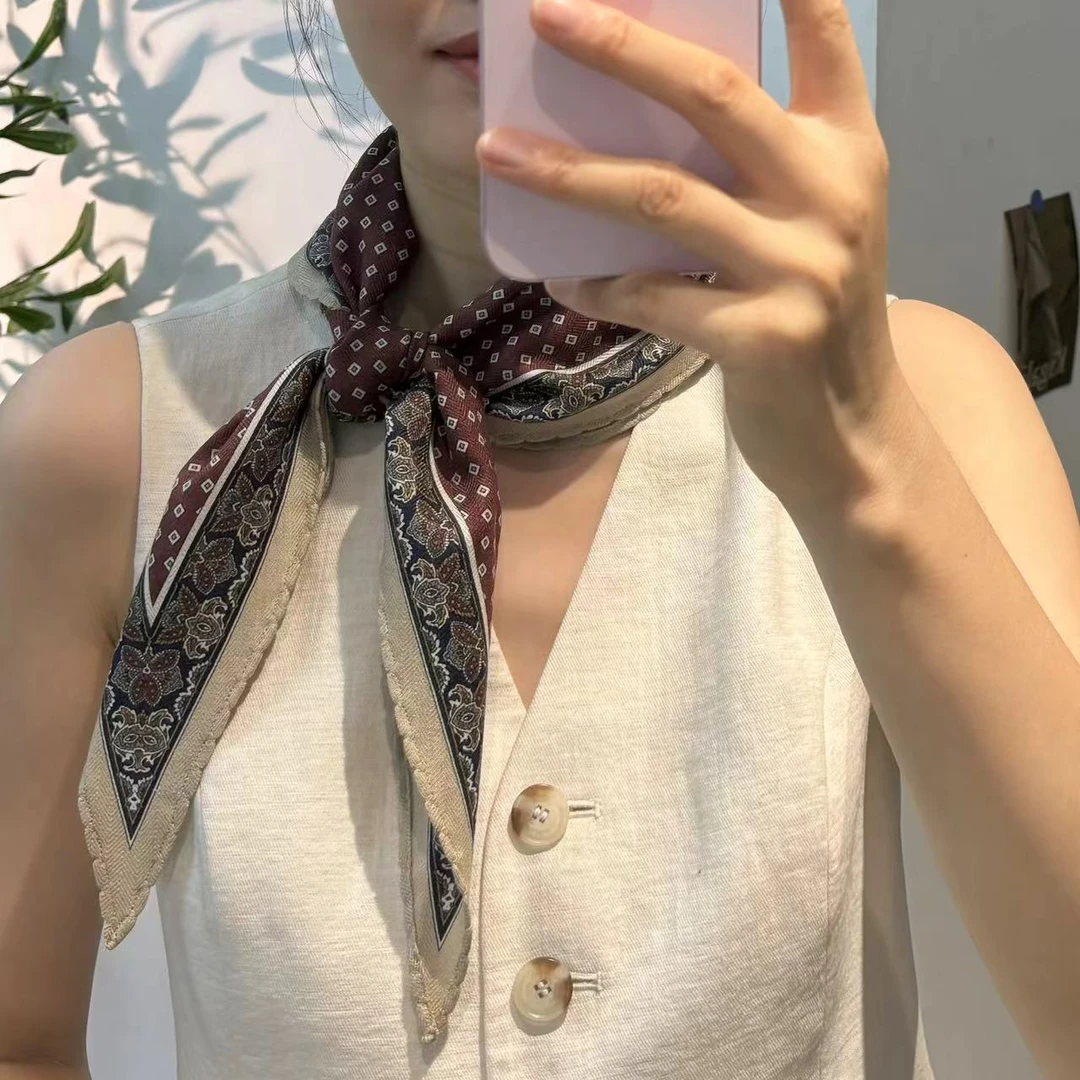 围巾女秋冬羊毛桑蚕丝酒红菱形巾41*110cm洋气女小围巾围巾直播