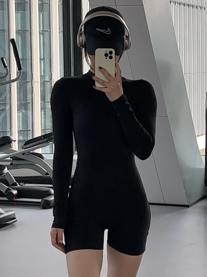 半拉链ins长袖连体衣不含胸垫裸感欧美高领速干瑜伽服健身紧身衣