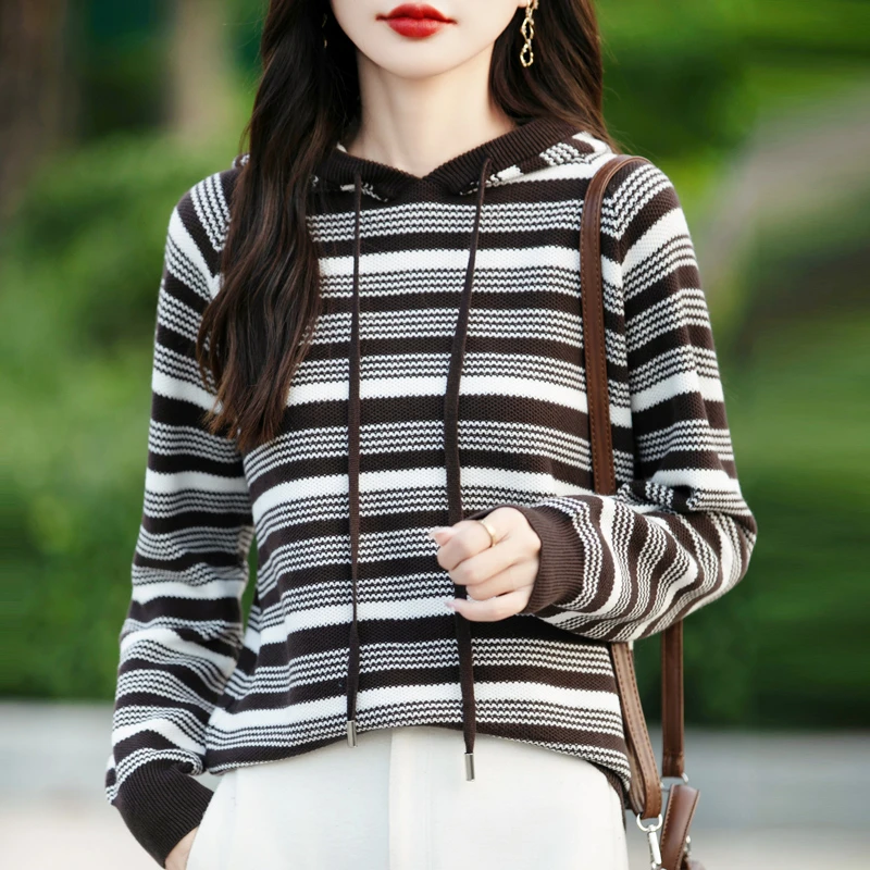 【七针加厚】100%精梳棉秋冬针织条纹帽衫加厚