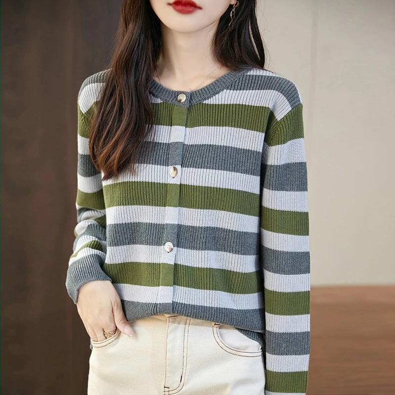 【七针加厚】100%秋冬女款加厚条纹圆领针织开衫