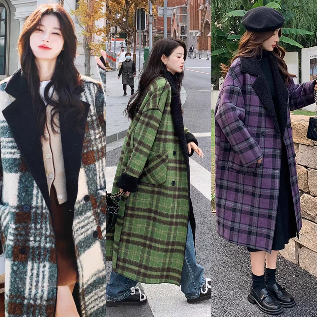 A01-A50新格子新加绒外套宽松加厚中长款韩版冬季长款外套卡卡