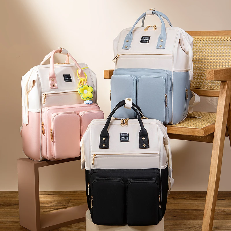 多功能妈咪包大容量撞色母婴包时尚休闲便携外出包妈妈包双肩背包