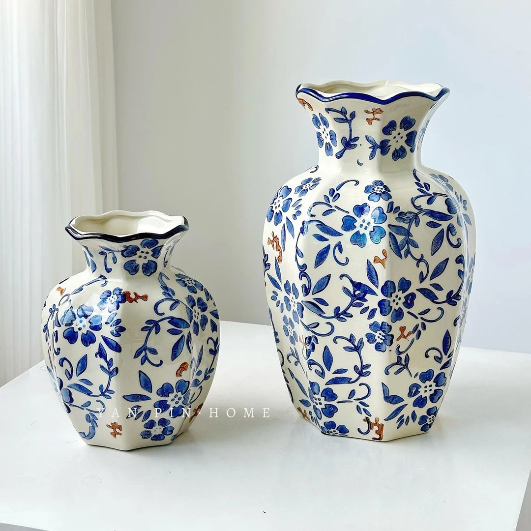 新中式高级感青花瓷陶瓷花瓶摆件客厅插花芍药桌面装饰仿藤水果插