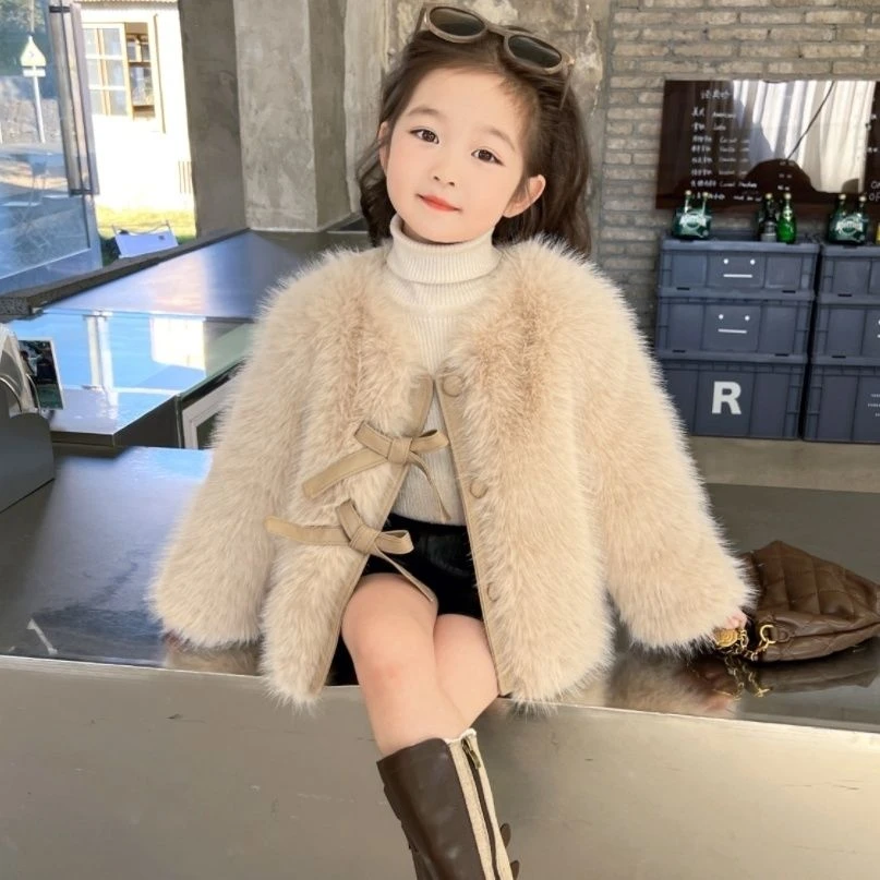 巴朵拉W2023新款宝宝女童外套仿皮草毛毛衣儿童蝴蝶结洋气毛绒上