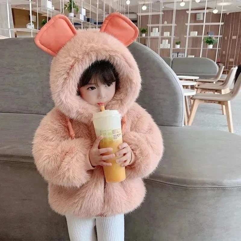 巴朵拉W小女孩冬款加厚毛毛衣2022新款女童棉衣女宝宝加绒粉色儿