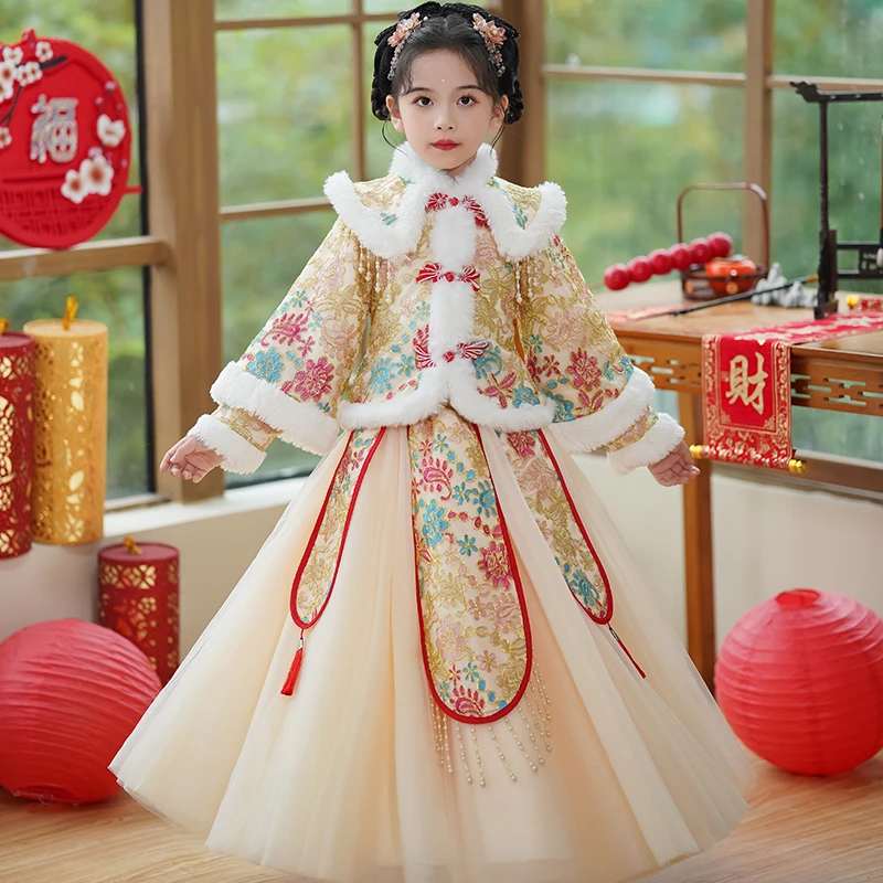 巴朵拉汉服女童拜年服套装2023新款儿童唐装加绒加厚国风女孩冬季