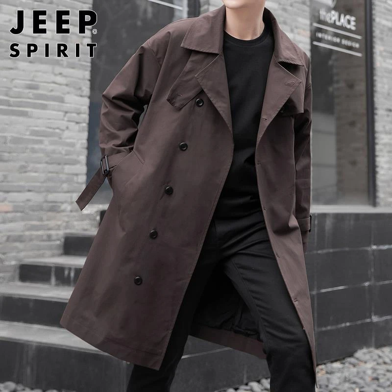 Jeep吉普春季风衣男士中长款外套潮牌帅气休闲宽松百搭工装大衣男
