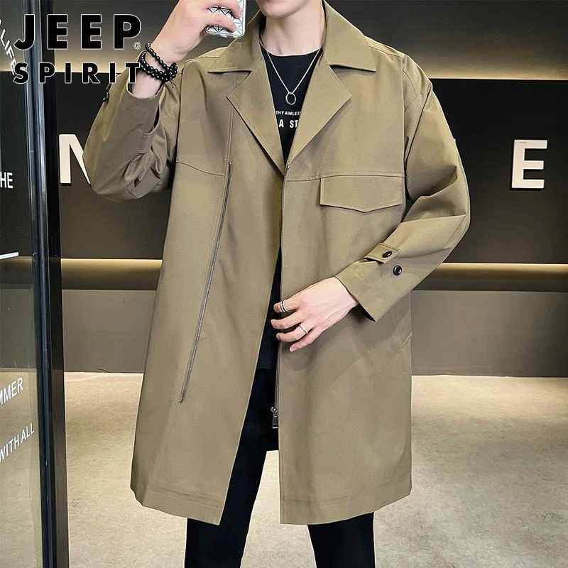 Jeep吉普中长款风衣男士春季商务宽松外套新款潮牌休闲帅气大衣男