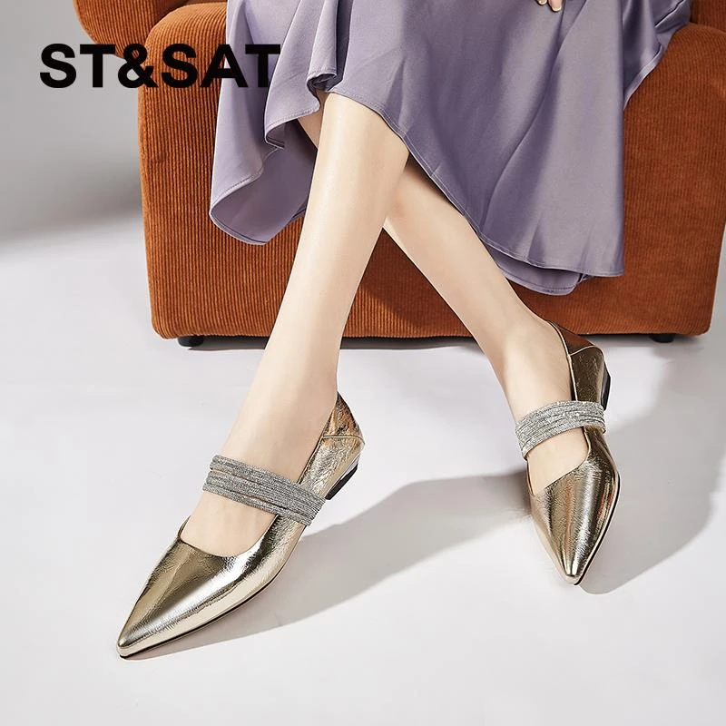 星期六尖头单鞋女2025春季新款低跟平底浅口真皮法式配裙子鞋子女