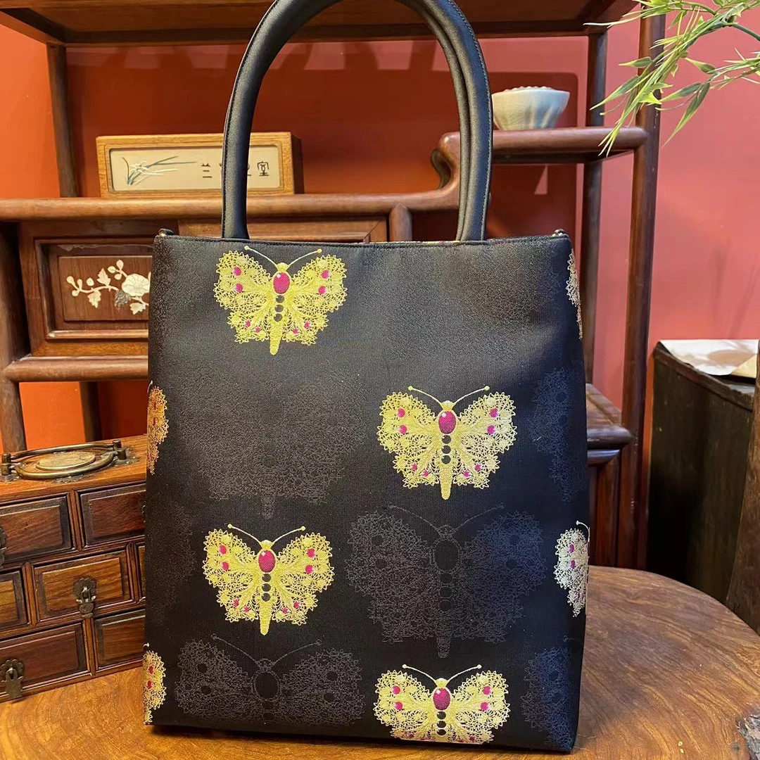 宋锦黑金蝴蝶纹托特包手工包女手提包旗袍包复古斜挎口金包宴会包