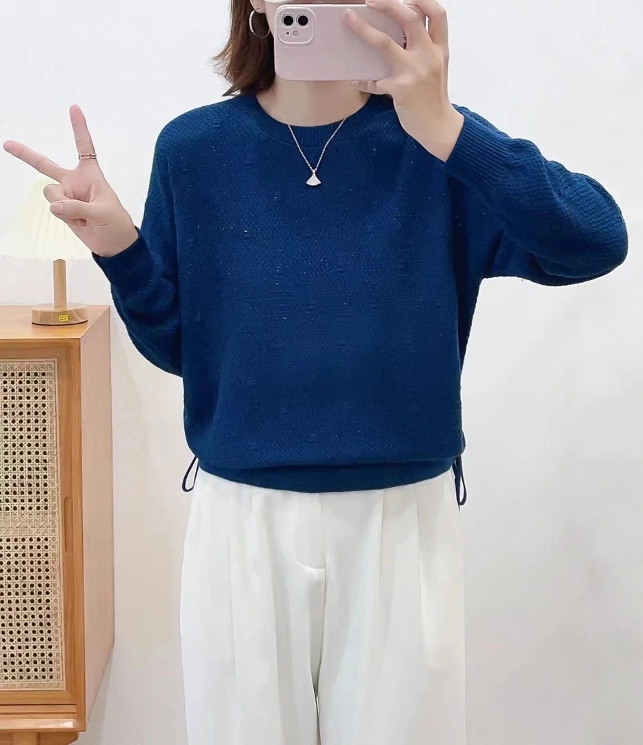 针织衫圆领女宽松显瘦针织绒衫套头2023秋冬长袖毛衣蓝色纯色时尚