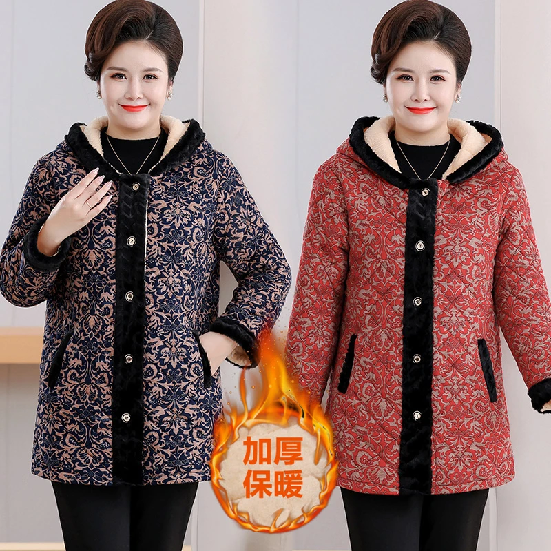 冬装新款加绒加厚保暖棉衣妈妈加肥加大中长款棉袄中老年棉服外套
