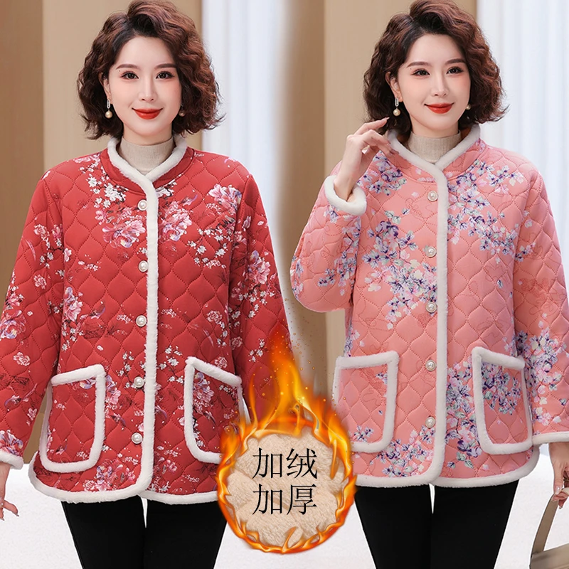 中老年人洋气小棉衣秋冬新款妈妈装宽松休闲轻薄棉袄加绒加厚外套