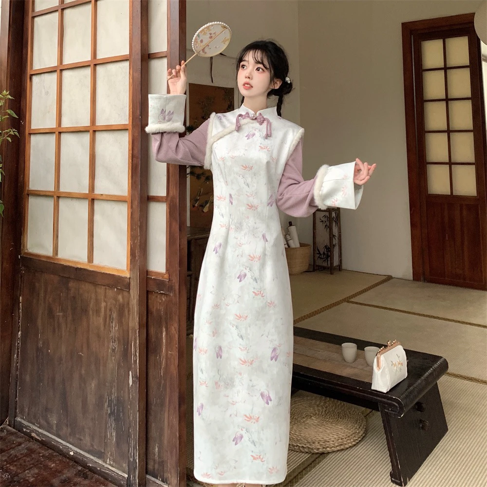 【紫霞仙子】复古新中式国风改良加绒加厚旗袍连衣裙斗篷披肩两件套