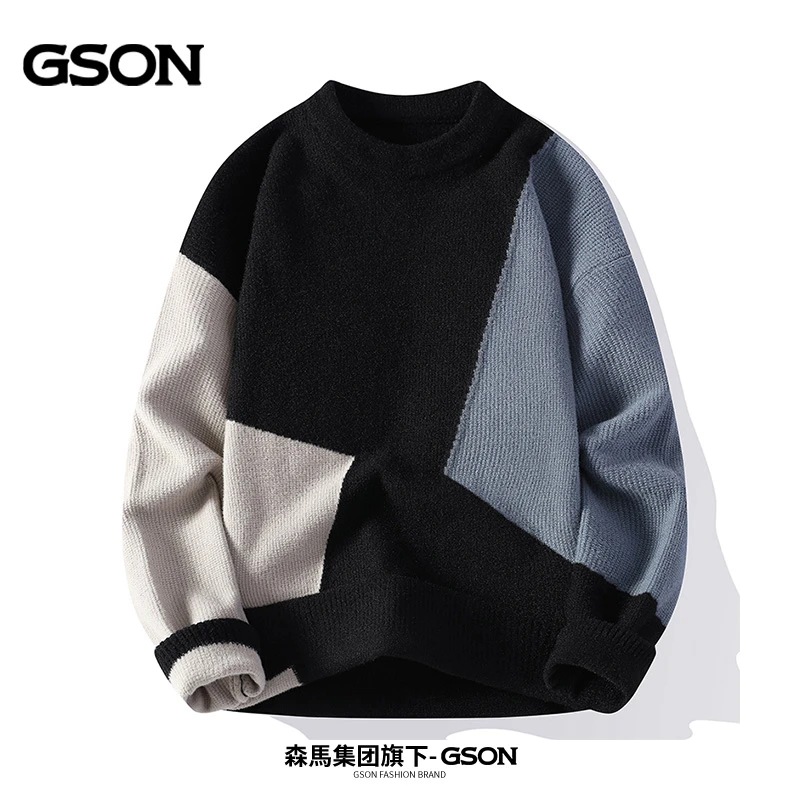 森馬集团GSON毛衣男款冬季圆领套头加厚宽松潮牌慵懒风线衣针织衫