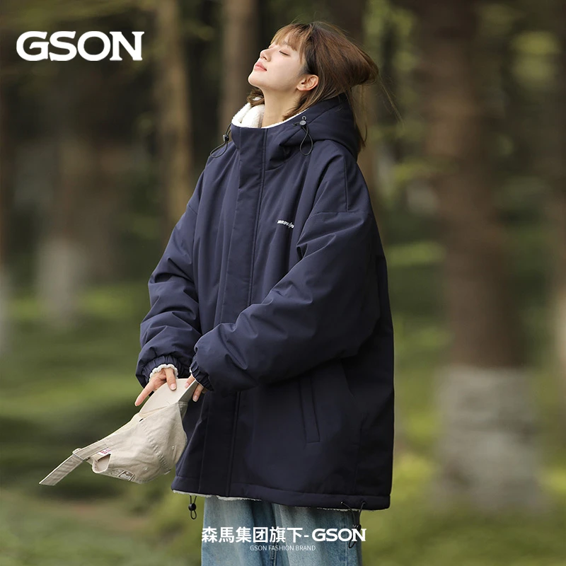 GSON两面穿羊羔绒冲锋衣棉服男女高级感冬季外套连帽户外潮牌棉衣